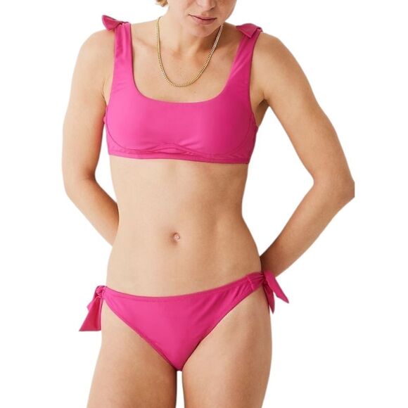 J Crew Mid Rise Hipster Full Coverage Bow Tie Bikini Bottom Fuchsia Sz M NWT - Picture 1 of 10